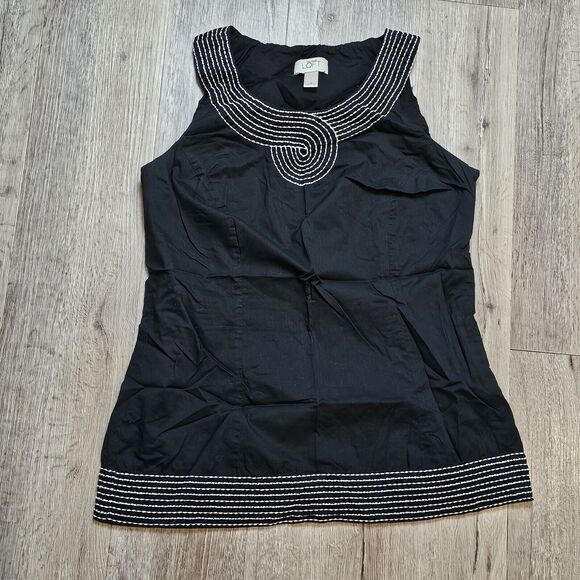 LOFT Black Cotton Embroidered Tank Top Shell Nautical Mediterranean Style Lined - Picture 2 of 11